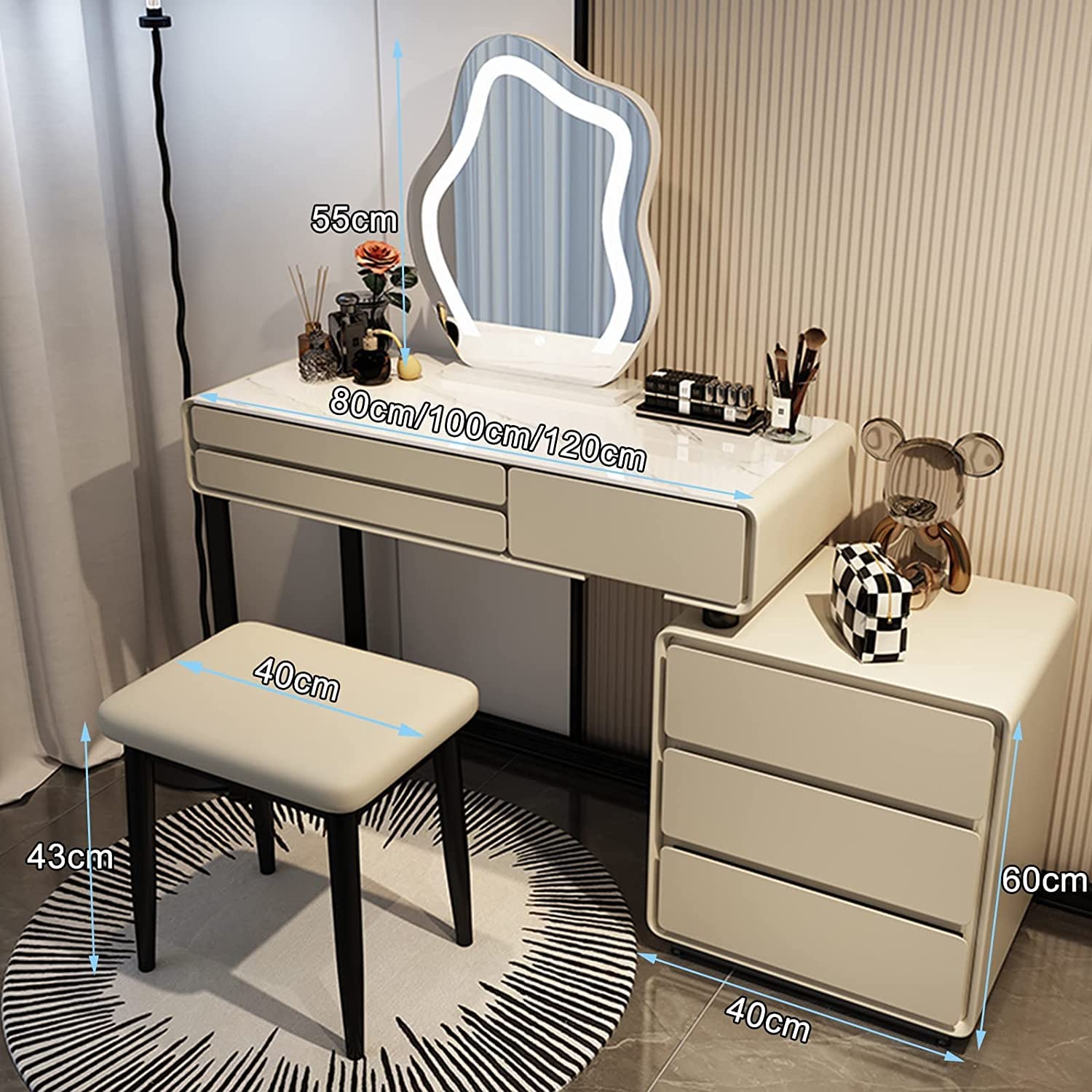 Amazon｜ドレッサー 白い化粧台、クッション付きスツール＆引き出し